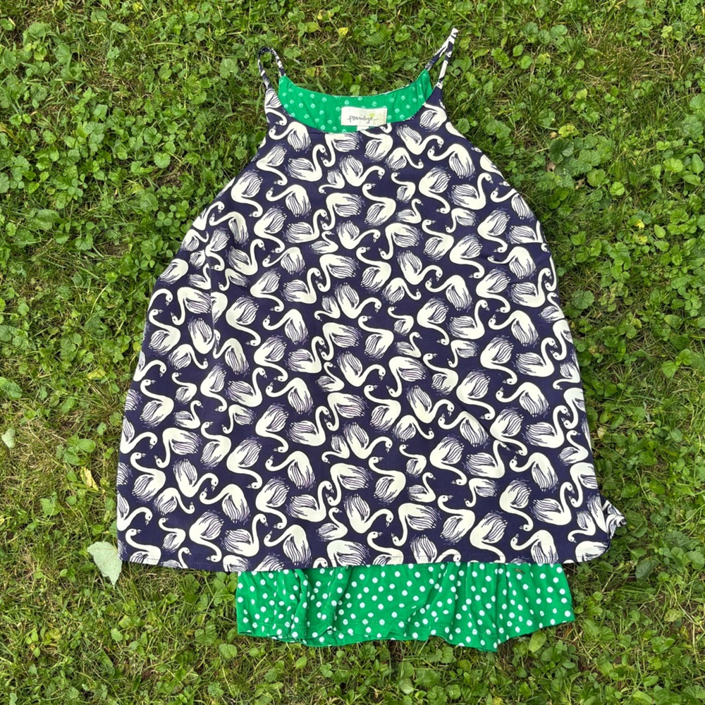 Womens Swan Print Tank Top Medium Navy‎ Green Polka Dot Trim Cute